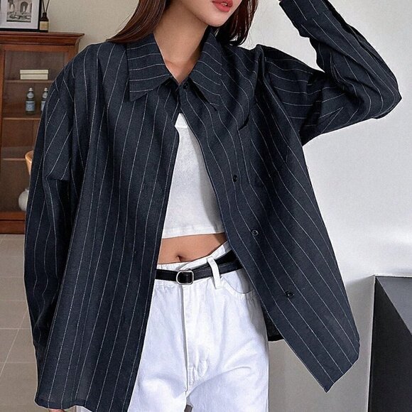 Blue Casual Women's Striped Print Drop Shoulder Shirt - Picture 3 of 5